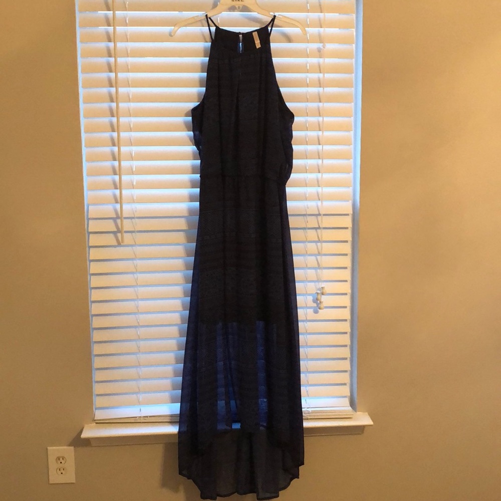 Blue and black printed high low maxi dress